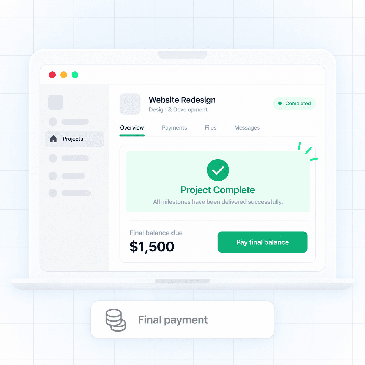 Completed project dashboard showing the final balance ready to collect
