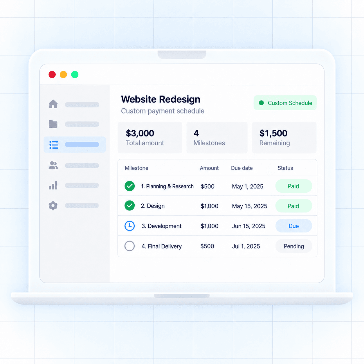 Custom project payment schedule with amounts, due dates, and statuses