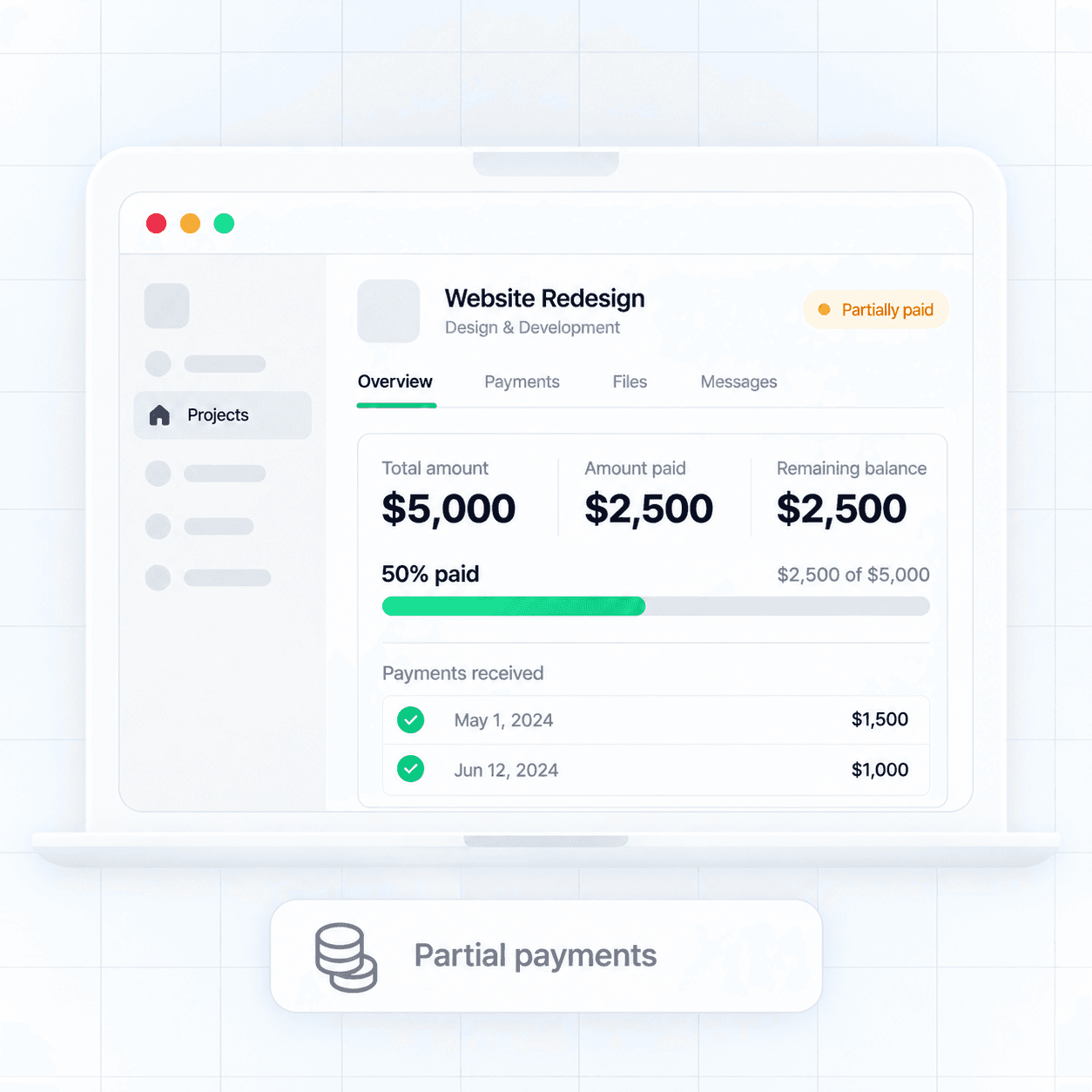 Project dashboard showing partial payments received and the remaining balance