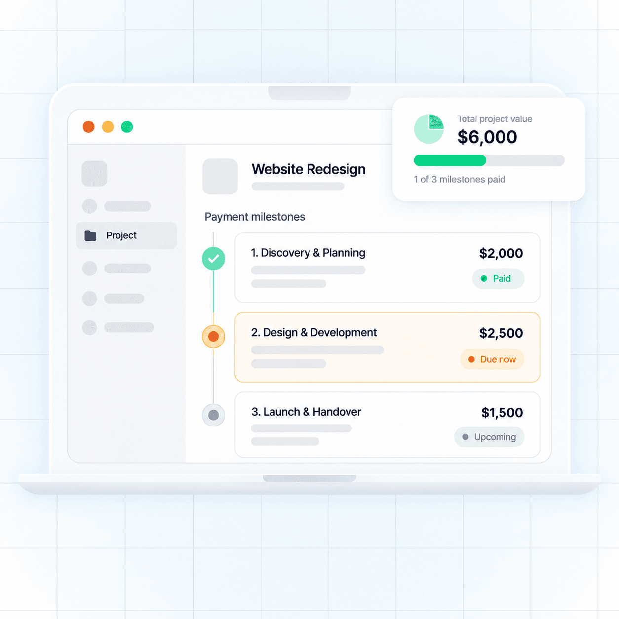 Project dashboard showing paid, due, and upcoming payment milestones