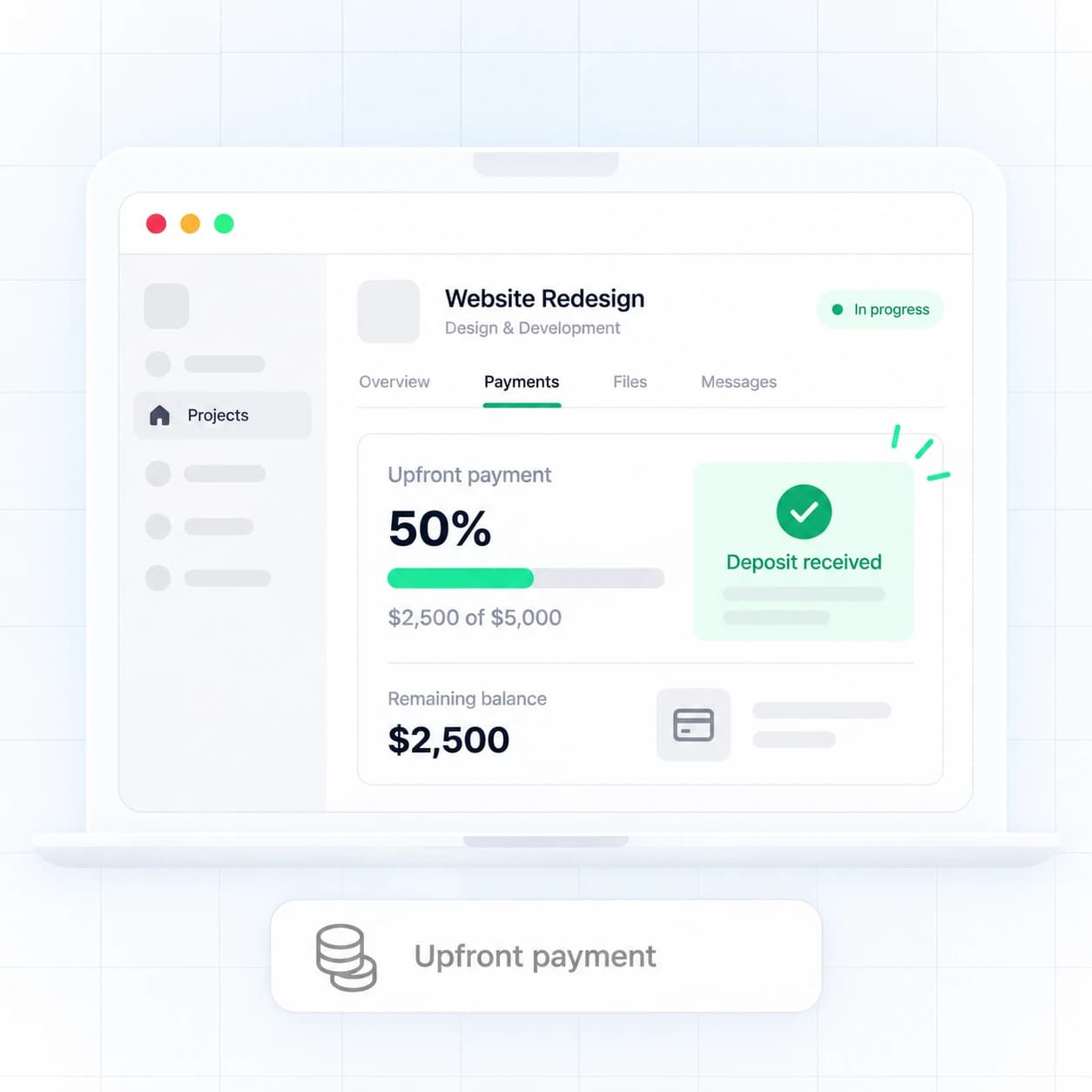 Upfront project payment dashboard showing a received deposit and remaining balance